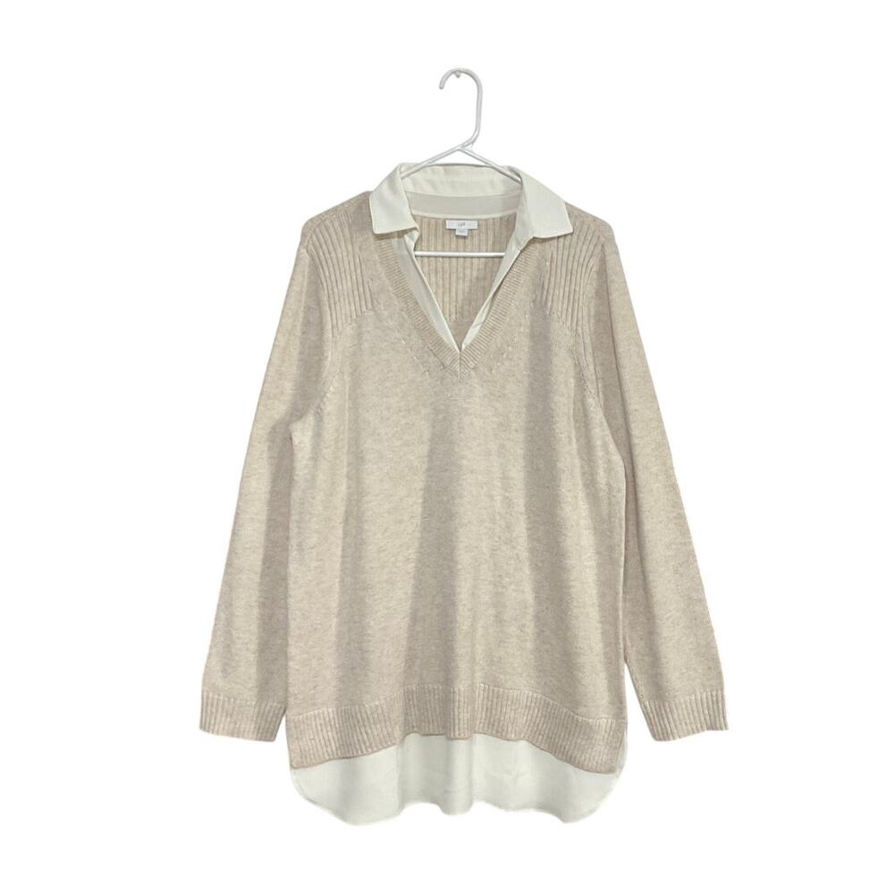 J.Jill Beige Layered Sweater Size Large V-Neck Pullover Twofer